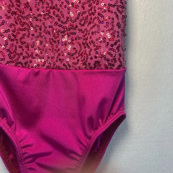 Kids One-Shoulder Dance Leotard Sequins Ruffled Neckline Pink Size Small Child - Picture 9 of 13